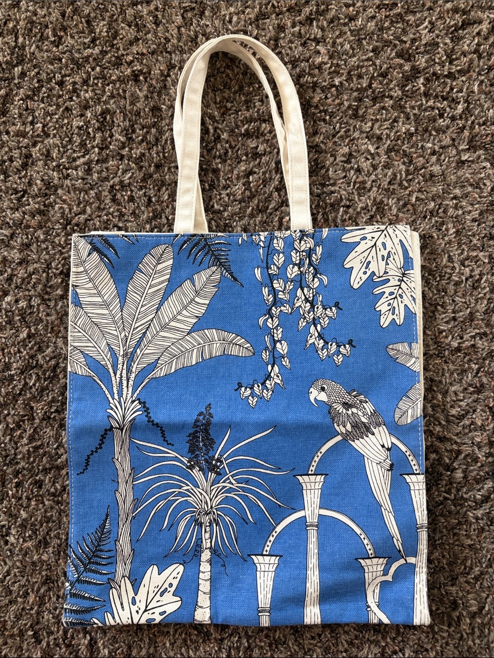 Clarins Blue & White Tropical Print Canvas Medium Tote Bag w/ Parrot & Palm Tree